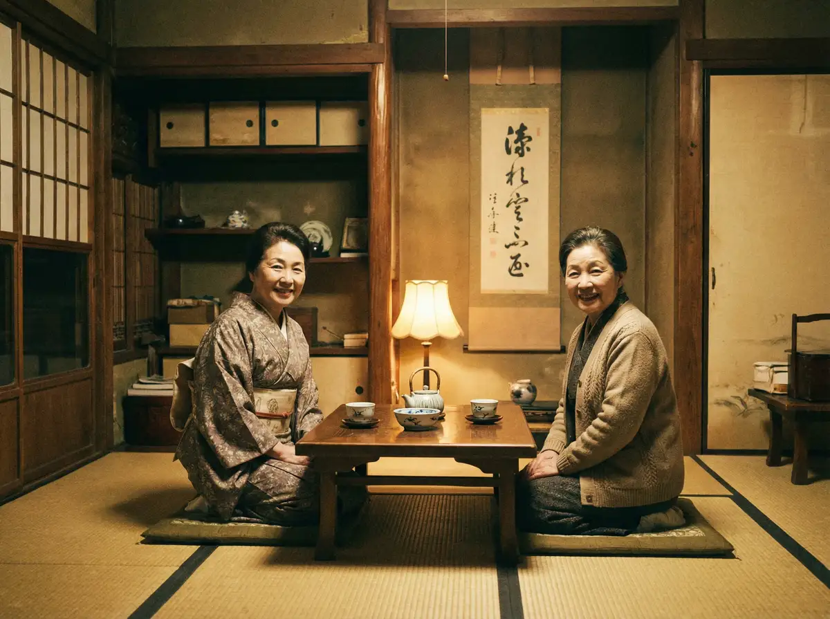 两位优雅的 黑皮椰 在日式茶室中品茶交谈